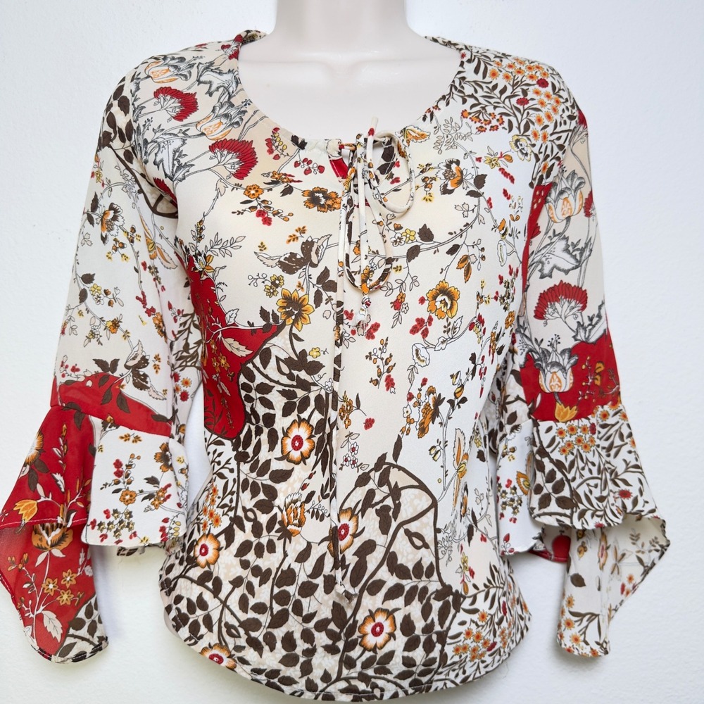 VTG‎ 90s Women Fairy Grunge Boho Top Large Patchwork Western Bell Flare Sleeve - Picture 10 of 12